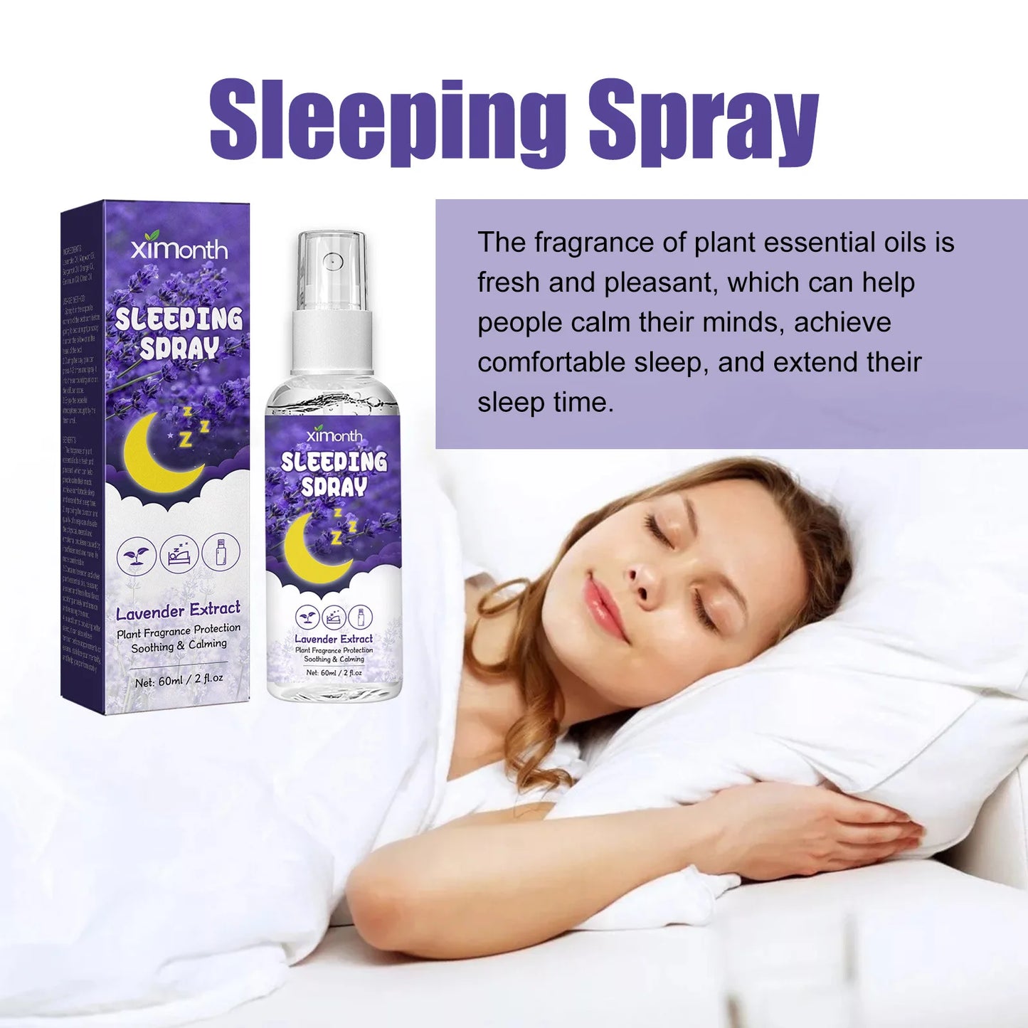 60ml Aromatherapy Deep Sleep Improve Sleeping Spray Essential Lavender Relieve fatigue anxiety help Relax body fall asleep Mist