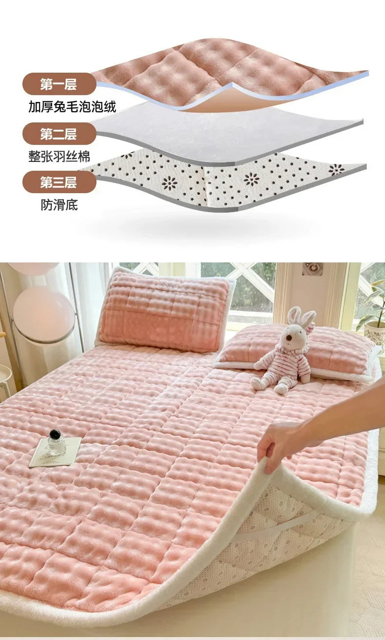 Winter Warm Plush Mattress Toppers Super Soft Single Double Foldable Milk Velvet Thicken Fitted Bed Sheet Bed Cover Tatami Mat