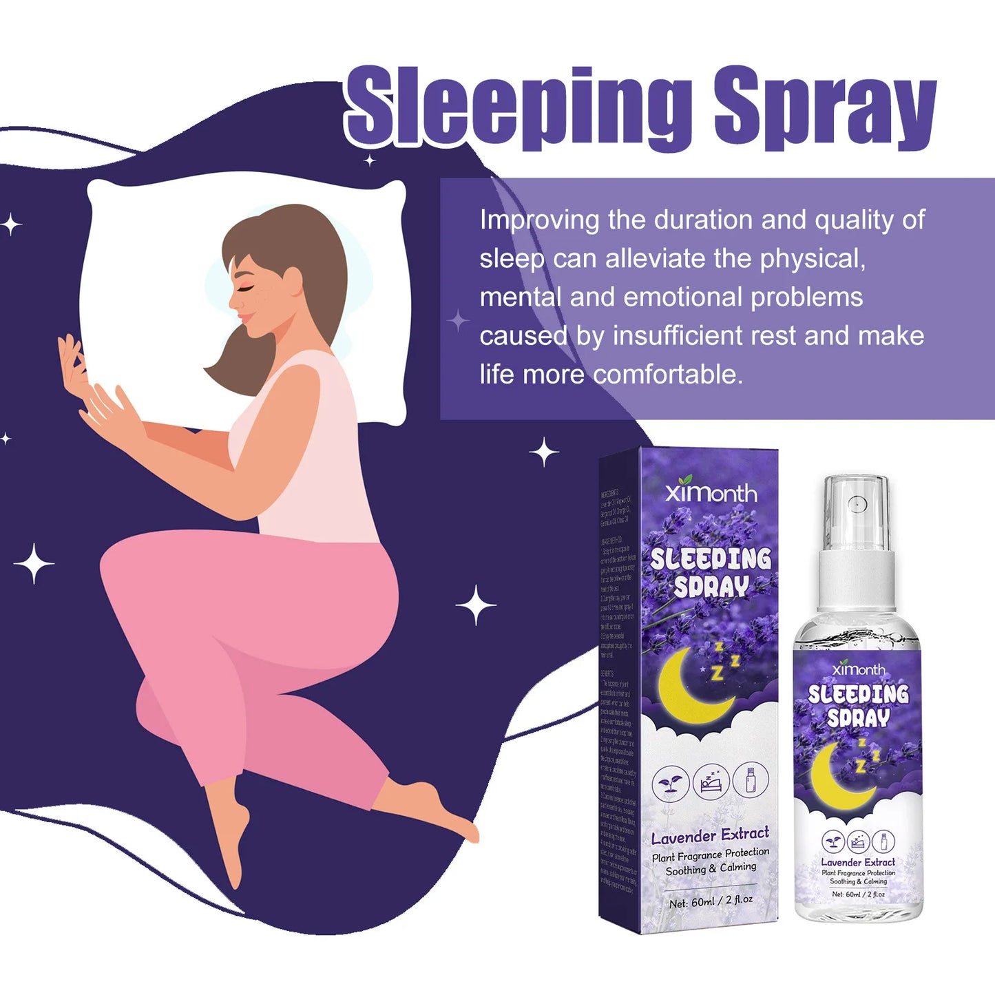 60ml Aromatherapy Deep Sleep Improve Sleeping Spray Essential Lavender Relieve fatigue anxiety help Relax body fall asleep Mist