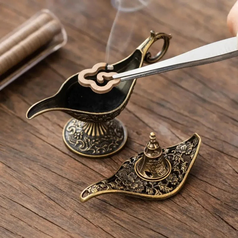 Vintage Arabian Night Inspired Metal Incense Lamp with Ornate Filigree&Lucky Cloud Motifs Home Aromatherapy&Spiritual Ambiance