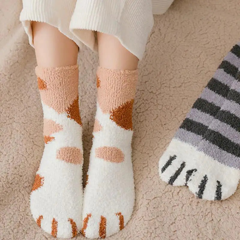 Warm Floor Socks Cat Paw Cartoon Fuzzy Socks Sleep Socks Thick Warm Elastic Mid-tube Sleep Socks For Family Friends Colleagues