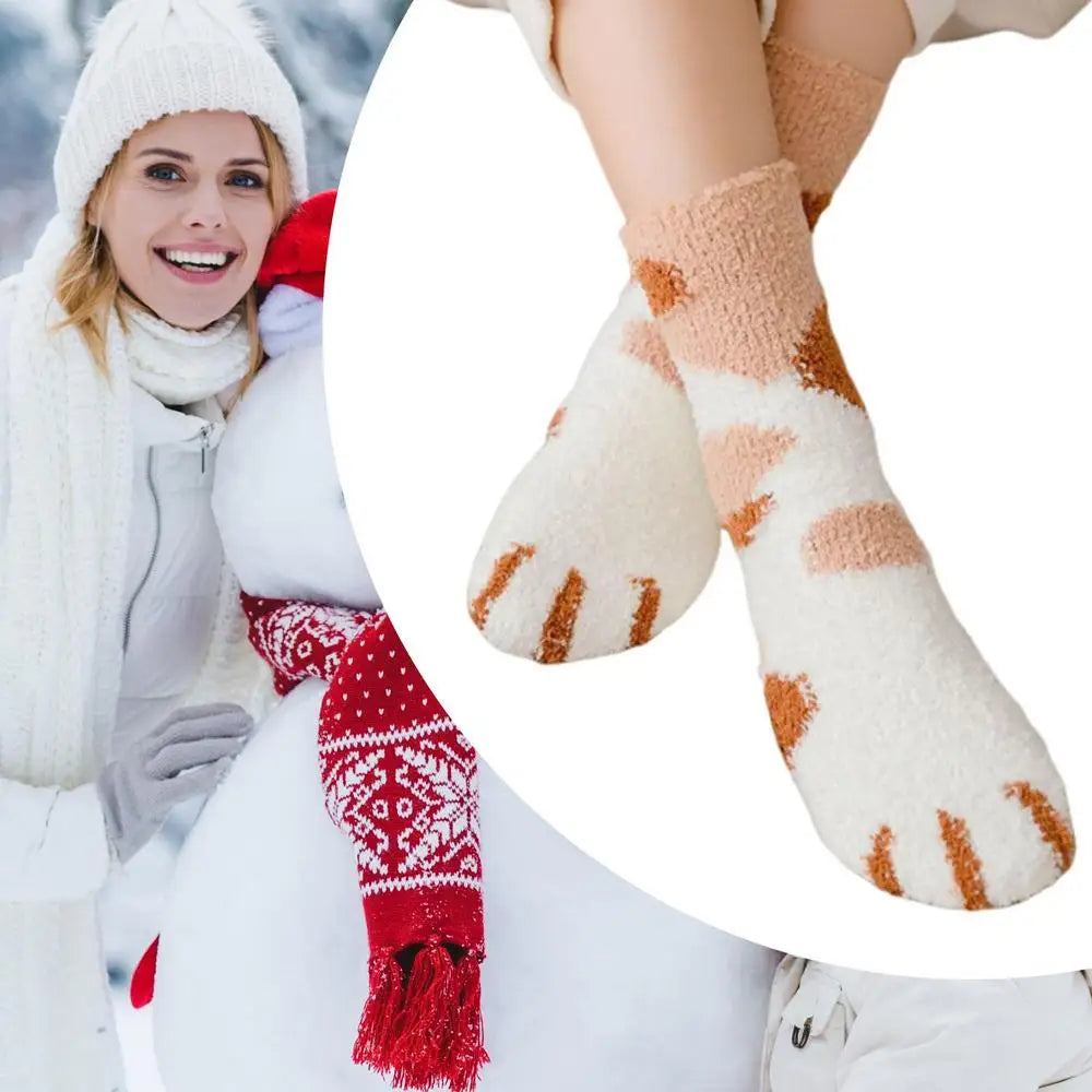 Warm Floor Socks Cat Paw Cartoon Fuzzy Socks Sleep Socks Thick Warm Elastic Mid-tube Sleep Socks For Family Friends Colleagues