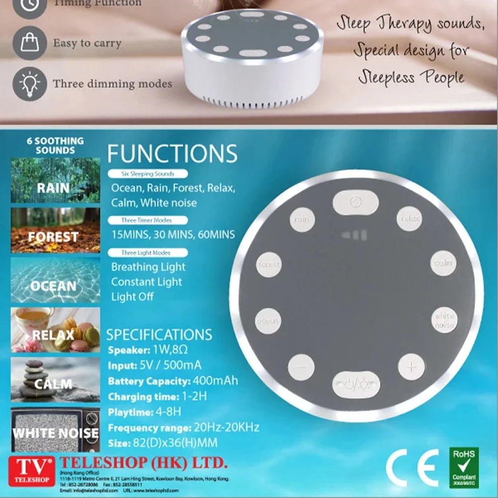White Noise Machine Portable Baby Sleep Machine Soothing Sounds Sleep Therapy Sound Monitor Generator for Babies Adult Relax