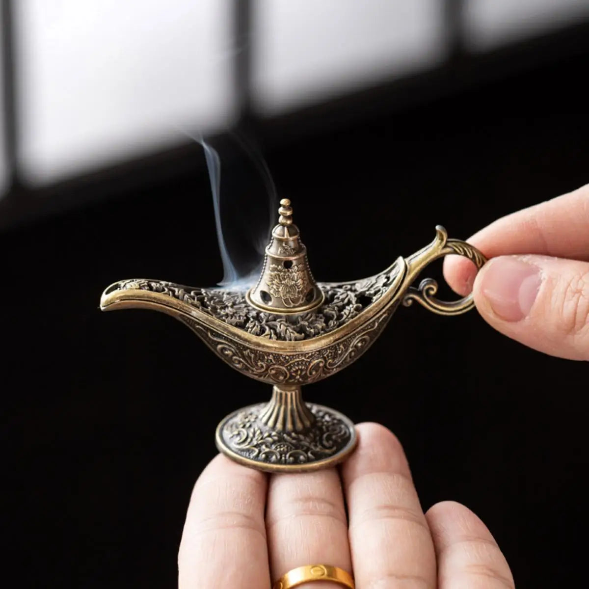 Vintage Arabian Night Inspired Metal Incense Lamp with Ornate Filigree&Lucky Cloud Motifs Home Aromatherapy&Spiritual Ambiance