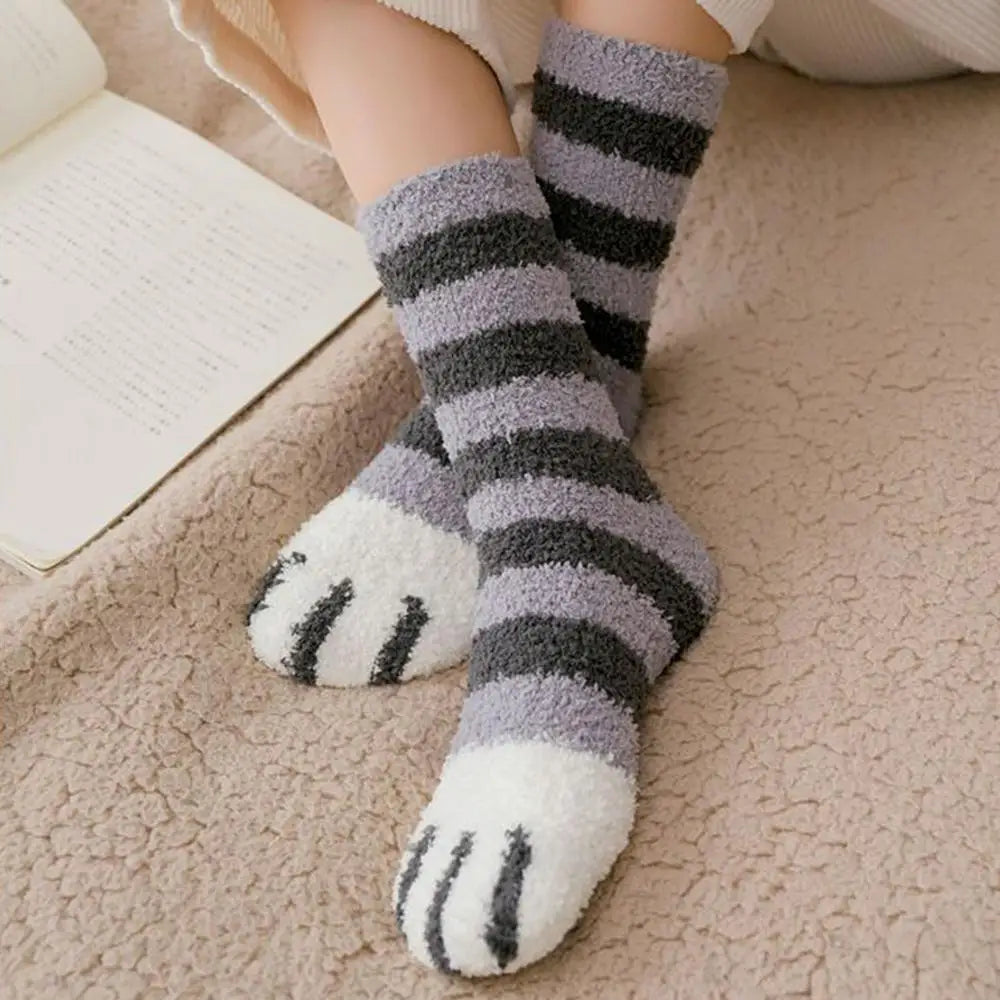 Warm Floor Socks Cat Paw Cartoon Fuzzy Socks Sleep Socks Thick Warm Elastic Mid-tube Sleep Socks For Family Friends Colleagues