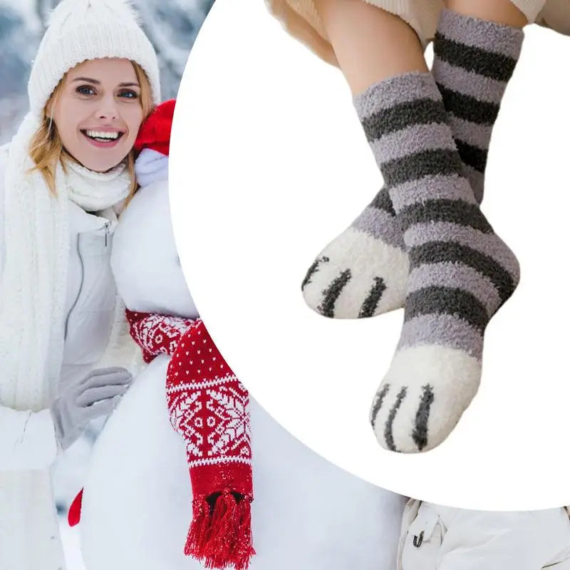 Warm Floor Socks Cat Paw Cartoon Fuzzy Socks Sleep Socks Thick Warm Elastic Mid-tube Sleep Socks For Family Friends Colleagues