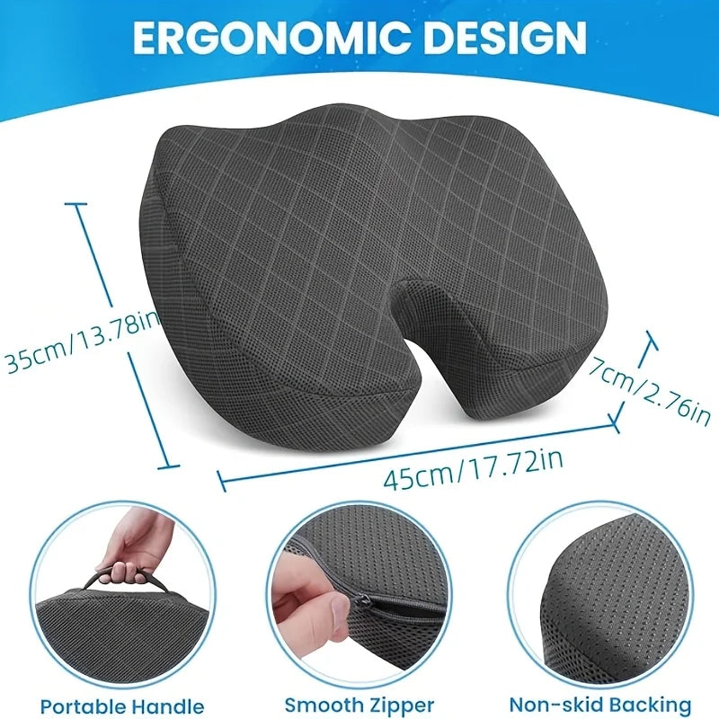 Memory Foam Ergonomic Hip Seat Cushion - Breathable Seat Cushion, Suitable for Office, Car and Airplane Seats
