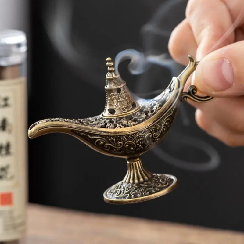 Vintage Arabian Night Inspired Metal Incense Lamp with Ornate Filigree&Lucky Cloud Motifs Home Aromatherapy&Spiritual Ambiance