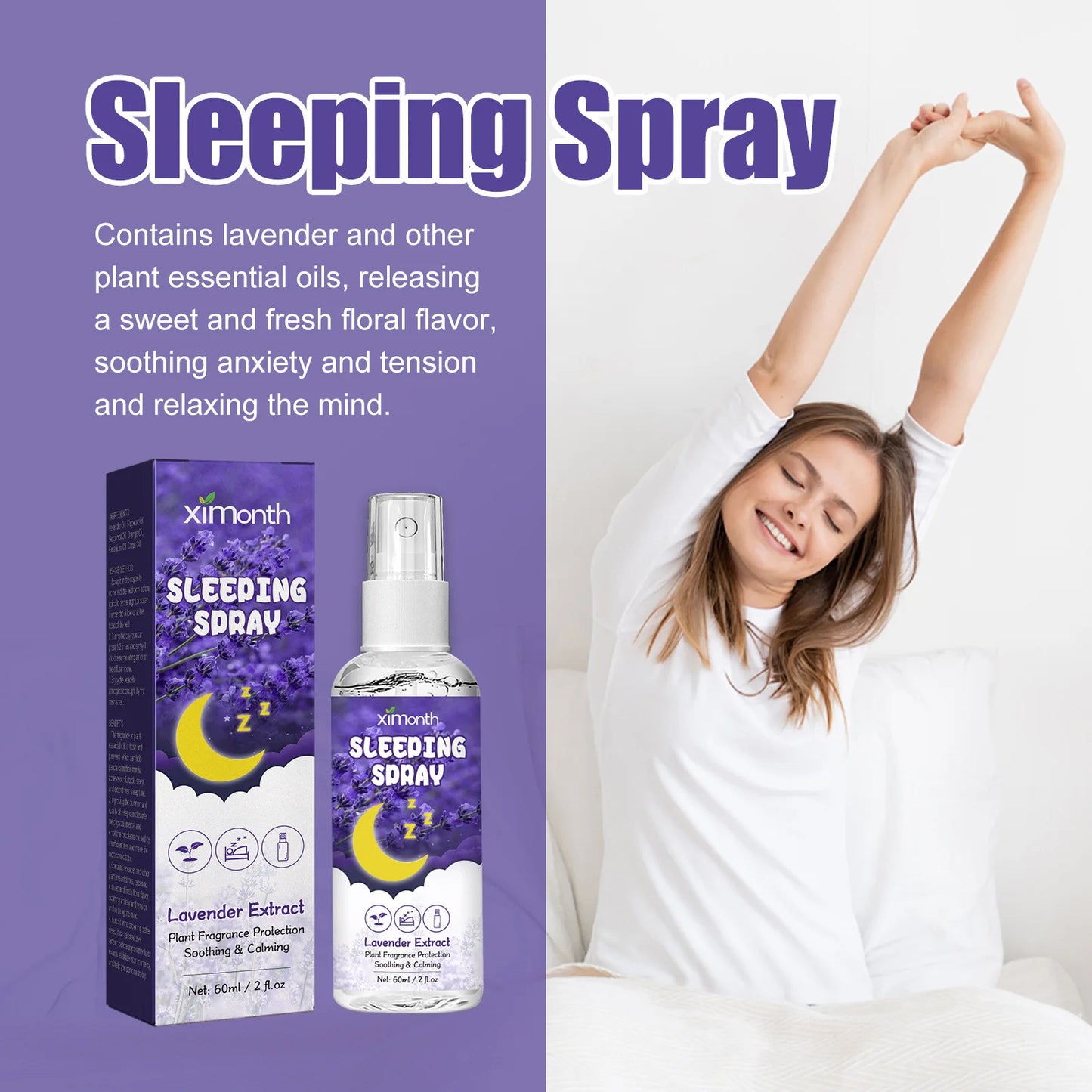 60ml Aromatherapy Deep Sleep Improve Sleeping Spray Essential Lavender Relieve fatigue anxiety help Relax body fall asleep Mist