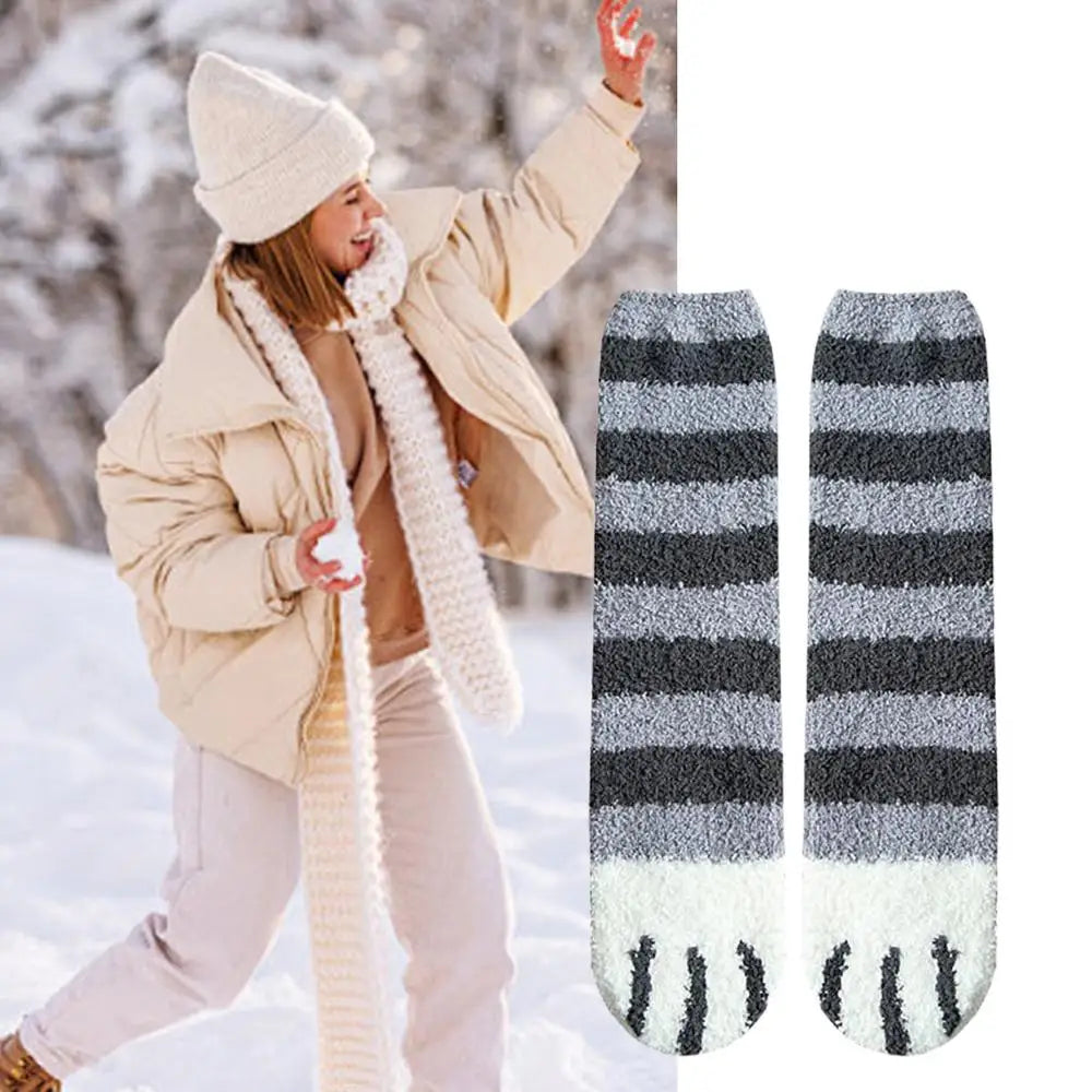 Warm Floor Socks Cat Paw Cartoon Fuzzy Socks Sleep Socks Thick Warm Elastic Mid-tube Sleep Socks For Family Friends Colleagues