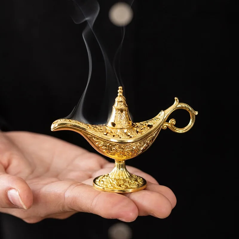 Vintage Arabian Night Inspired Metal Incense Lamp with Ornate Filigree&Lucky Cloud Motifs Home Aromatherapy&Spiritual Ambiance