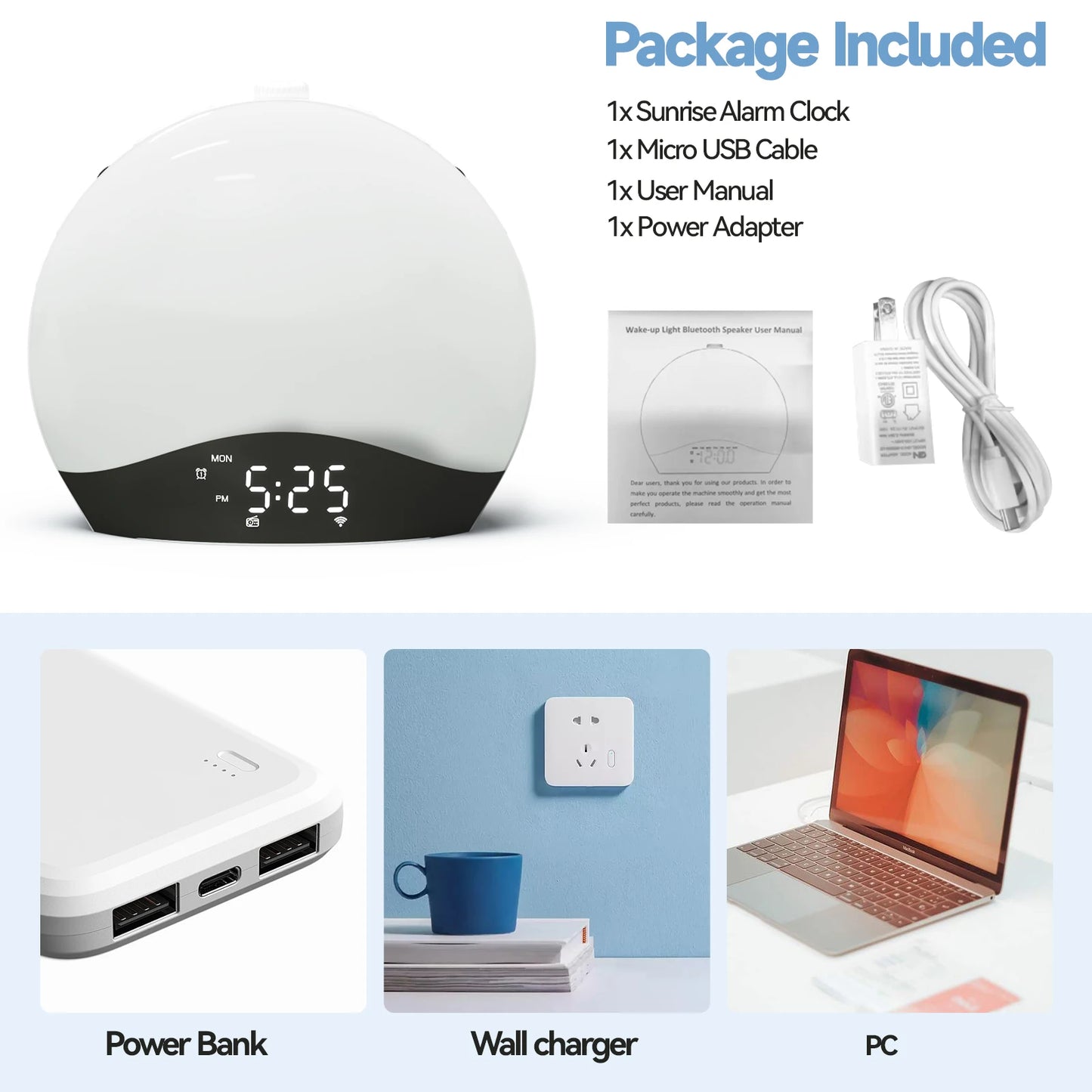 Sunrise Alarm Clock, Bluetooth Speaker Sound Machine, Sunrise and Sunset Simulation, Snooze, Dual Alarms, FM Radio & Reading