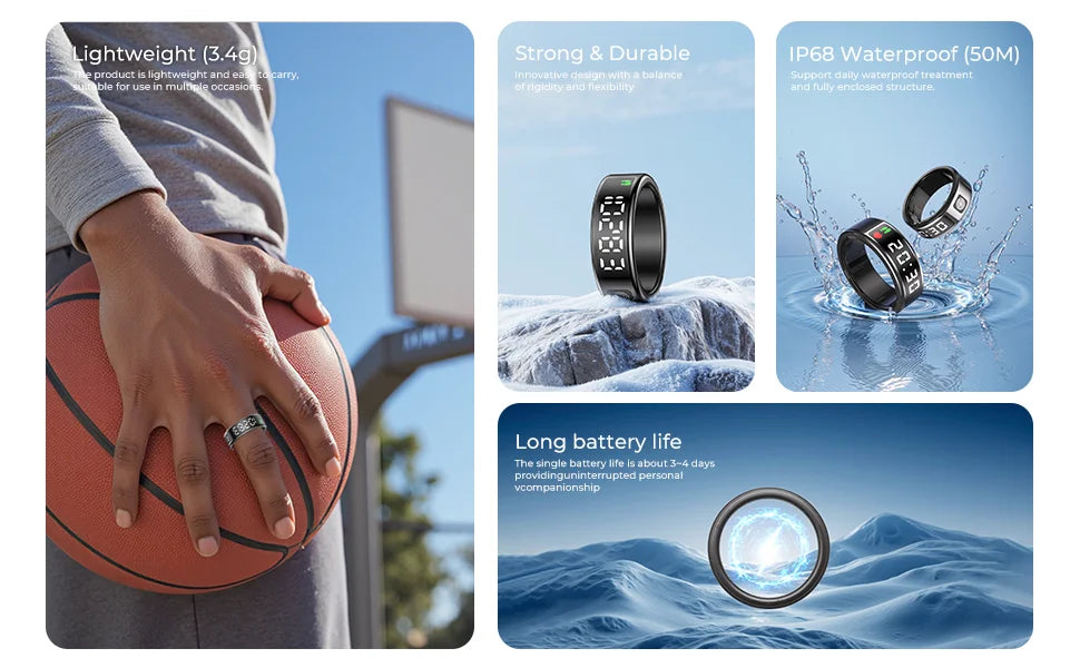 Smart Ring with Display Screen and Touch Sleep Monitoring Health Assistant Wireless Charging 5 ATM Waterproof For Men Women Gift